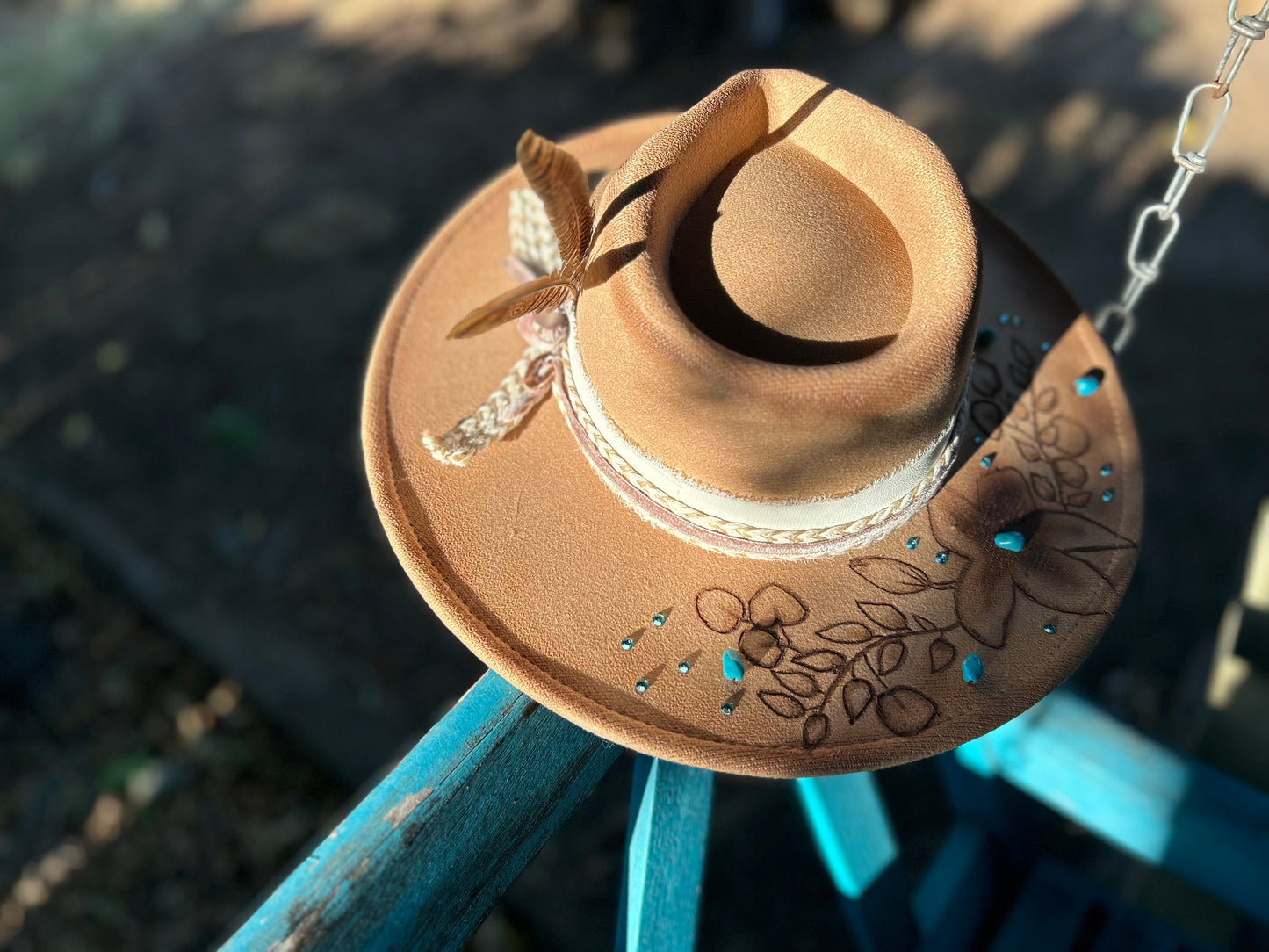 Camel Felt Turquoise Stone Hand Burned Hat