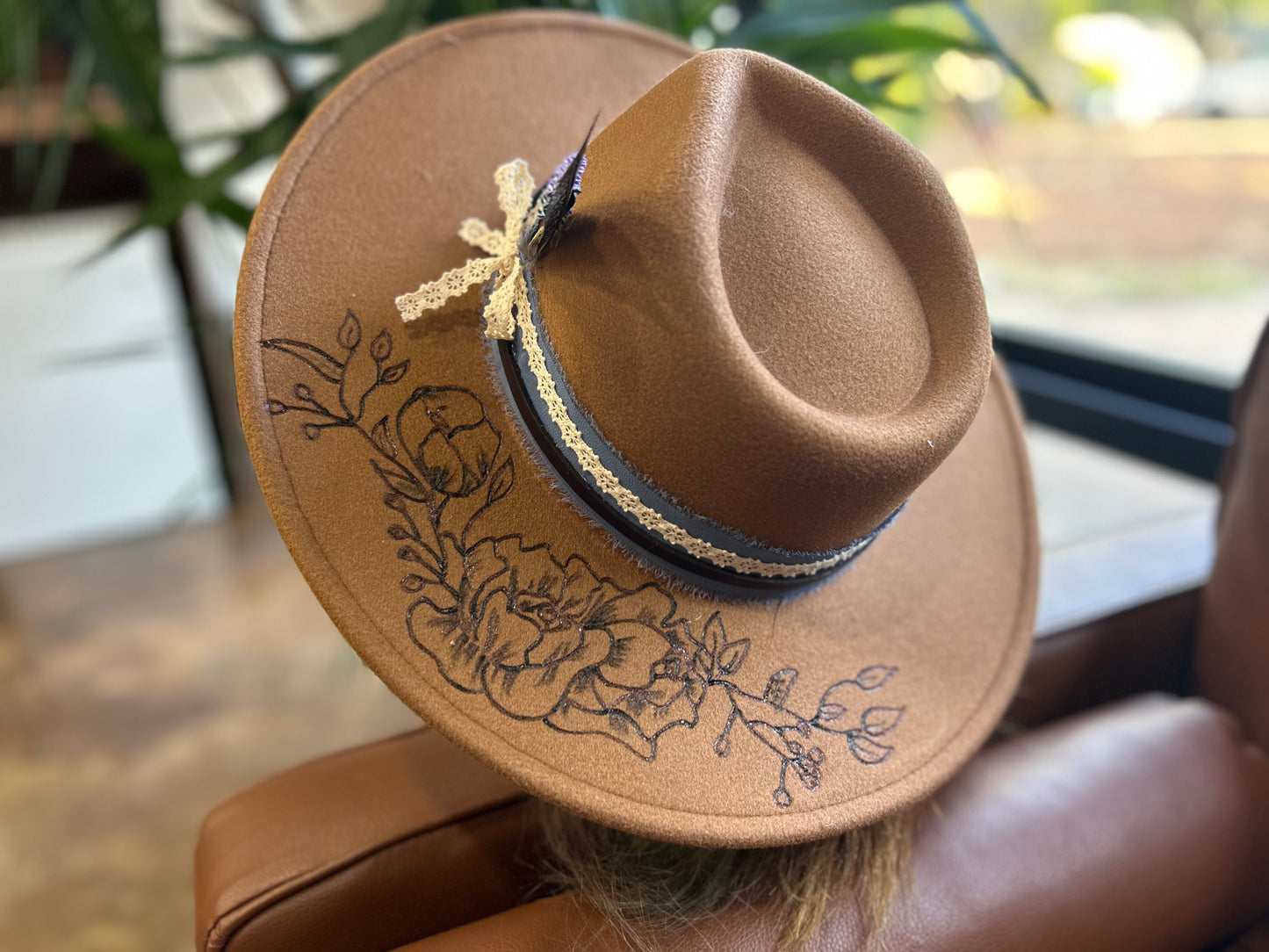 Brown Felt Floral Hand Burned Hat