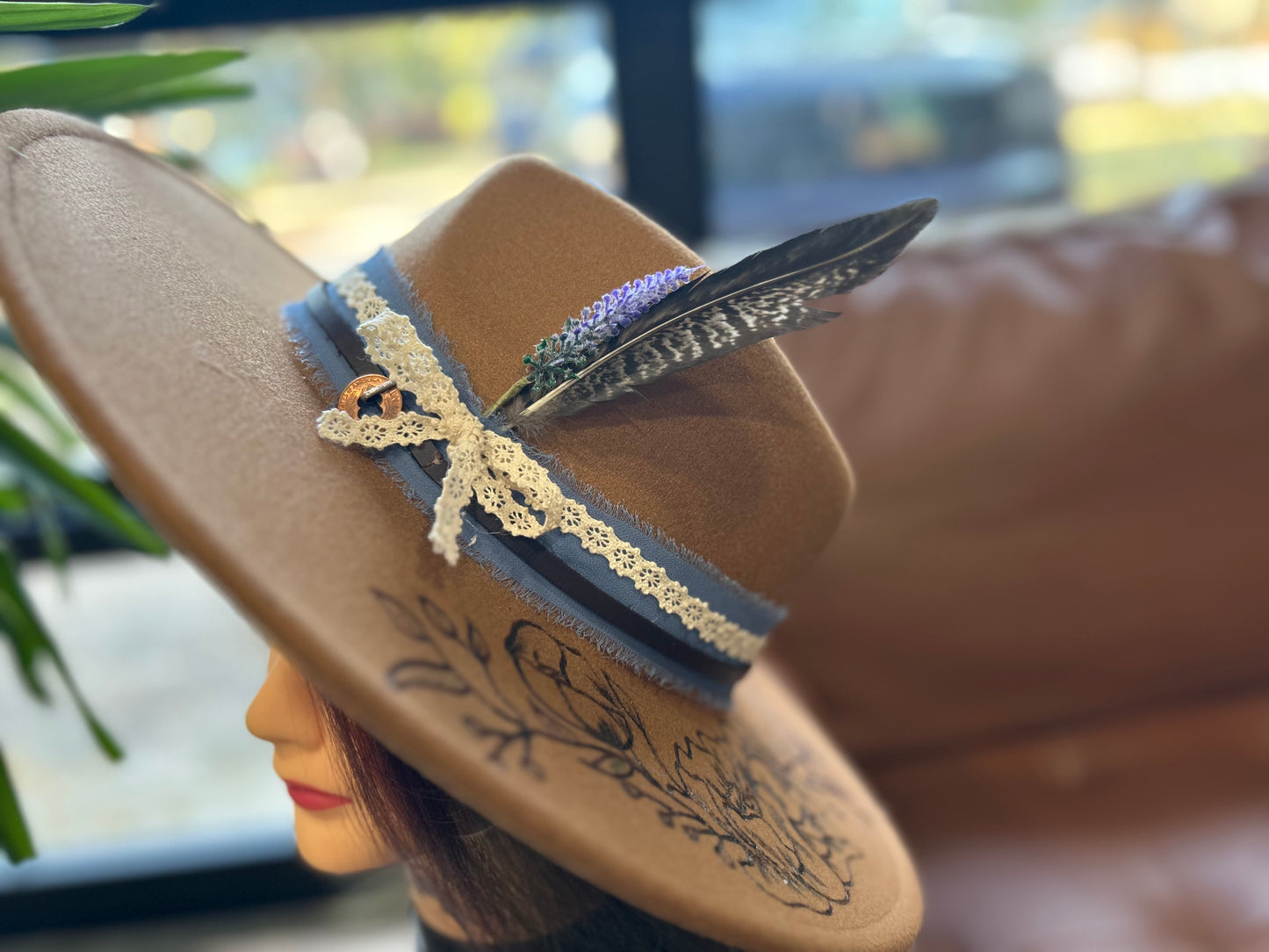 Brown Felt Floral Hand Burned Hat