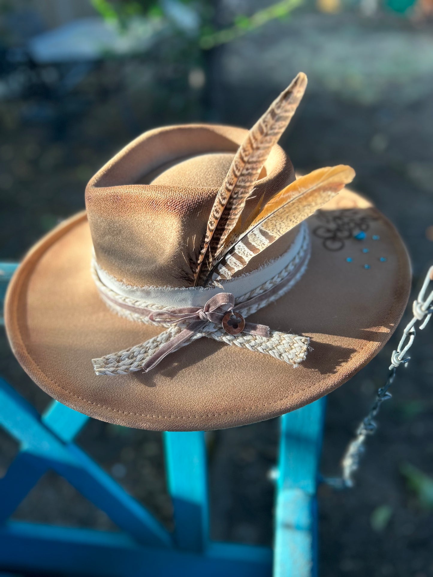Camel Felt Turquoise Stone Hand Burned Hat